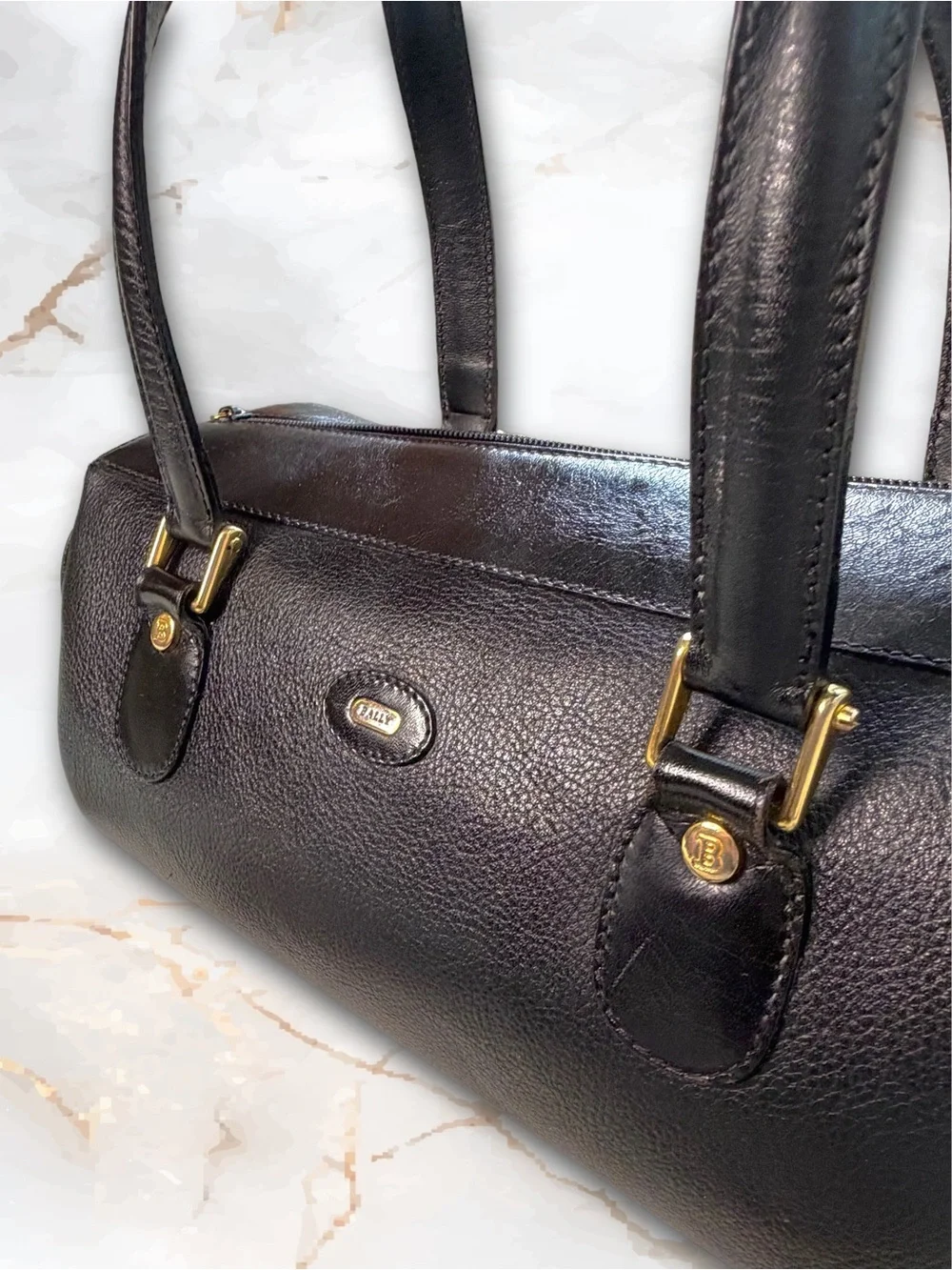 Vintage BALLY Black Leather 2-Way Satchel Crossbody East West Bag Italian Made